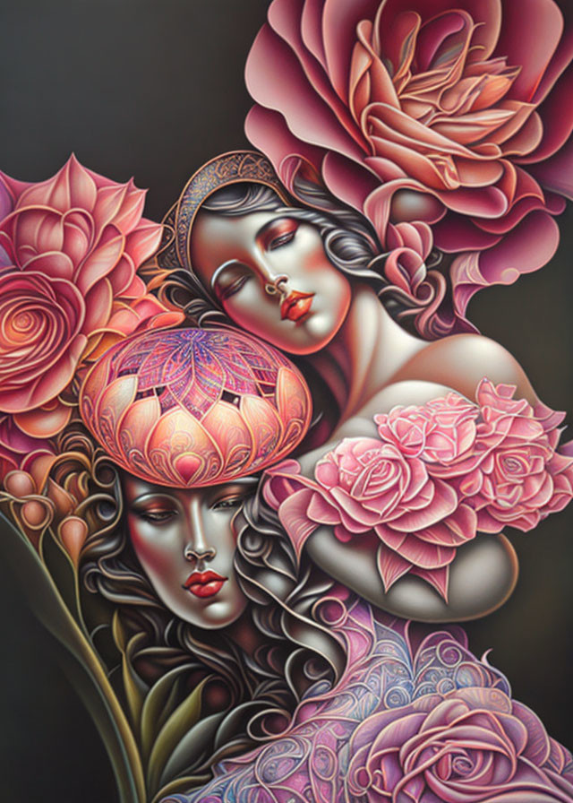 Stylized painting of two women with floral motifs and intricate headpieces surrounded by lush roses in p