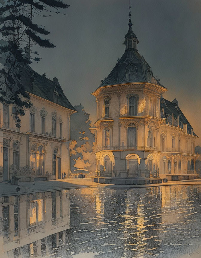 Elegant illuminated building at dusk with reflection on water and trees