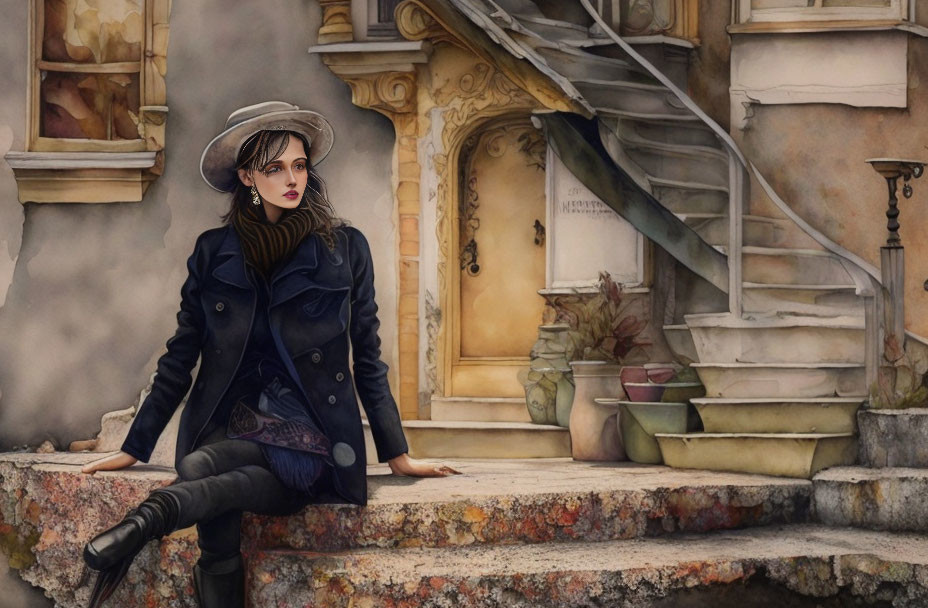 Fashionable woman in trench coat and hat sitting on weathered stairway outside classical building.