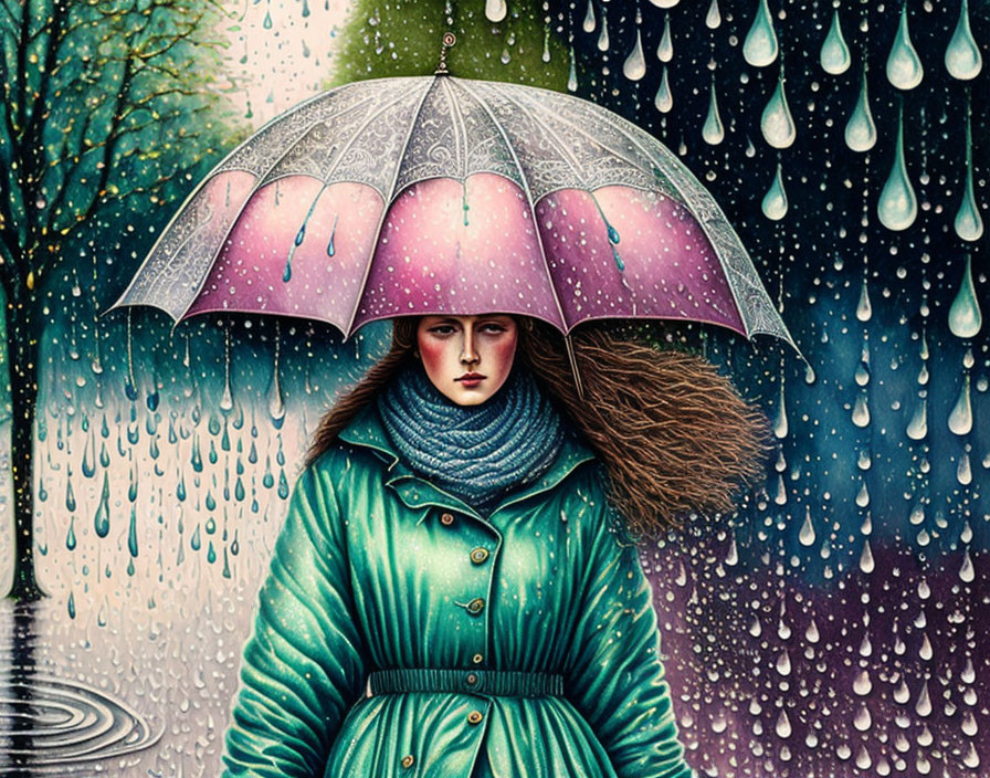 Woman with Long Brown Hair in Green Coat Holding Translucent Pink Umbrella in Rain