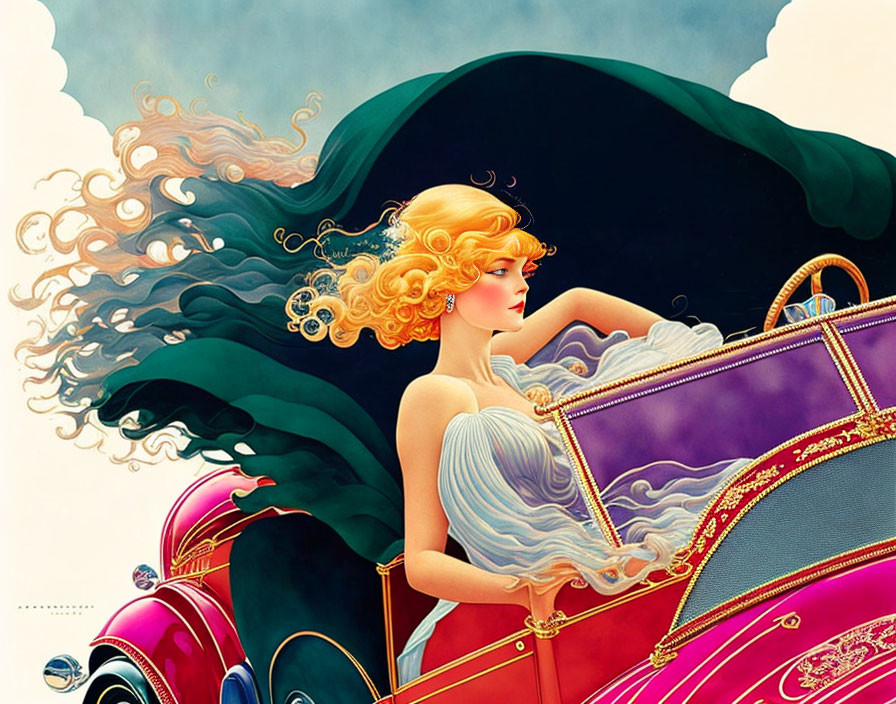 Art Deco Style Illustration of Woman Driving Vintage Red Convertible