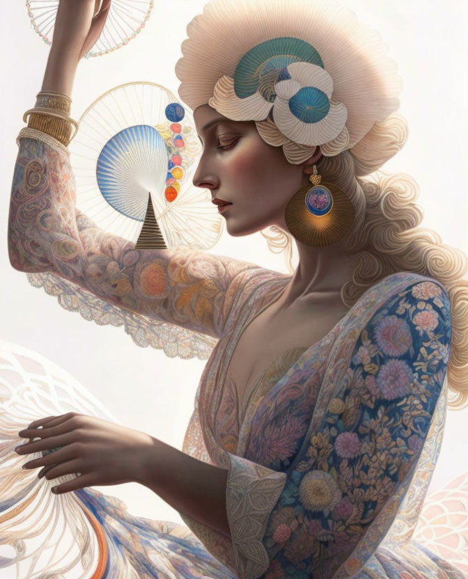 Elaborately adorned woman with fan and intricate floral garments