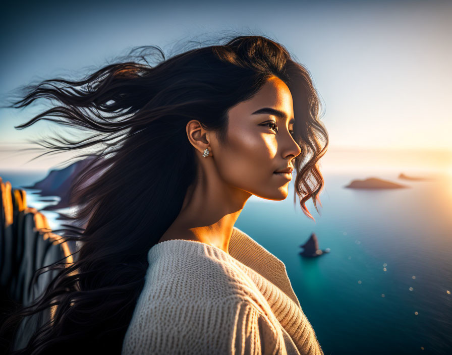 Woman with flowing hair gazes at sunset over serene sea and cliffs