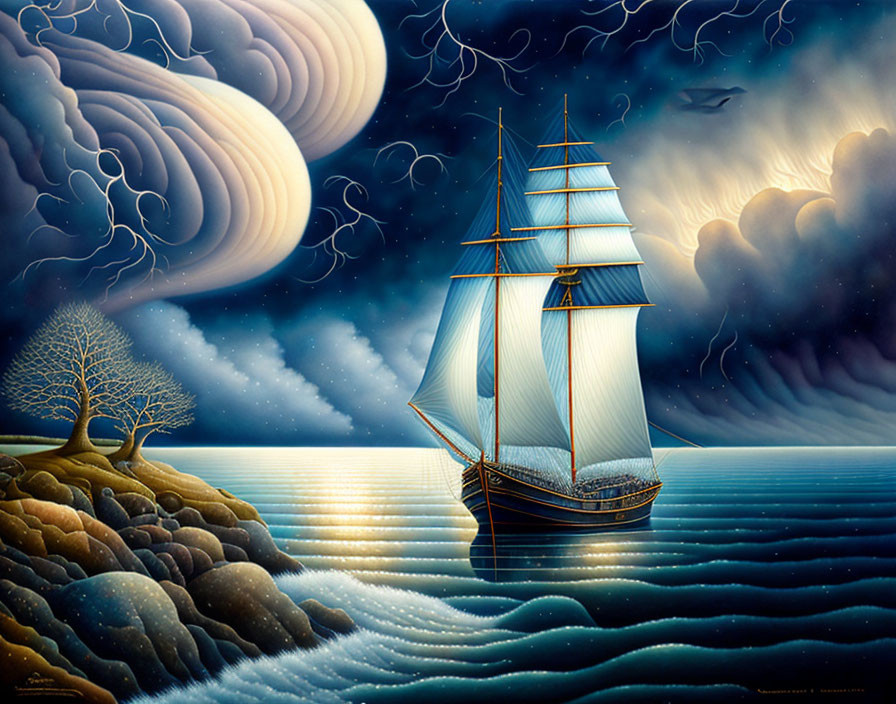 Sailing ship on tranquil sea with surreal sky and bare tree