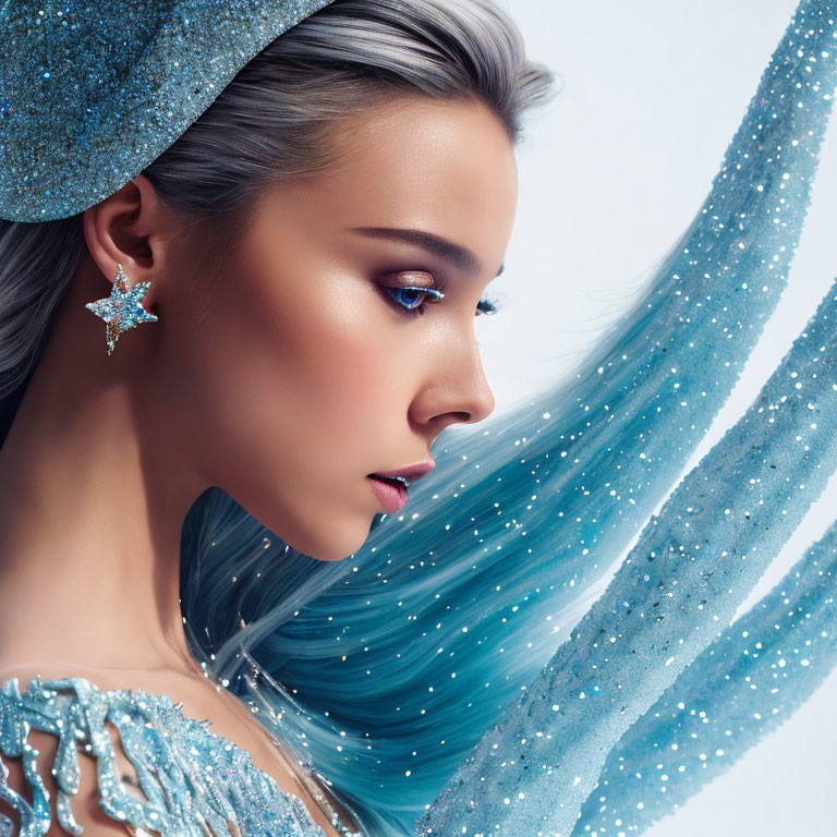 Sparkling blue attire and icy elegance with star-shaped earring and shimmering details