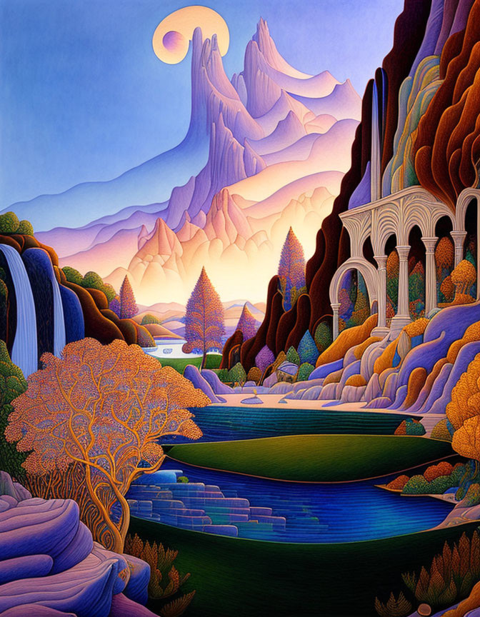 Whimsical landscape with mountains, waterfalls, lake, trees, and fantastical architecture under cres