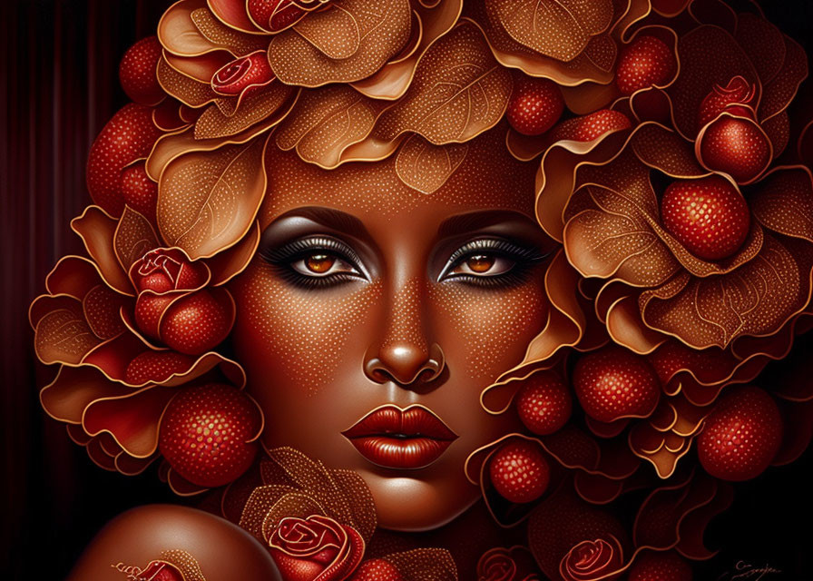 Woman with Rose and Berry Headdress: Red and Brown Artwork