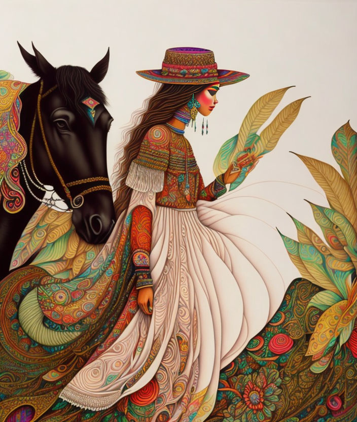 Traditional dress woman and horse with ornate patterns in decorative setting