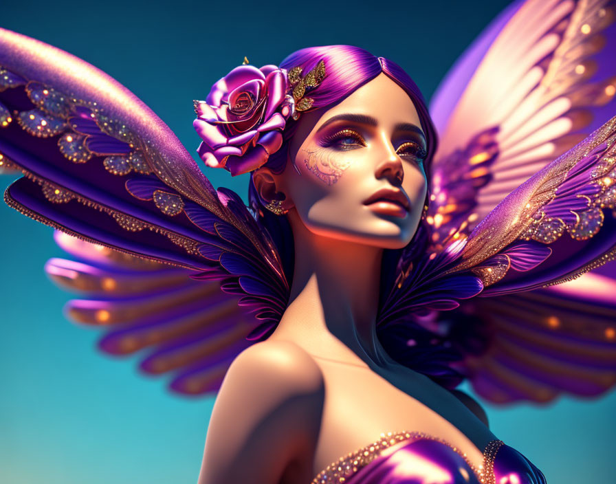 3D illustration of female figure with butterfly wings and floral adornment on blue background