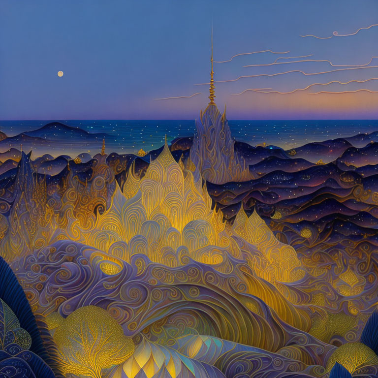 Stylized painting of moonlit landscape with rolling waves and distant tower