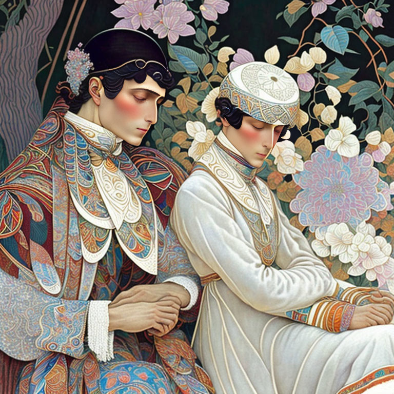 Stylized figures in intricate garments and headpieces against floral backdrop