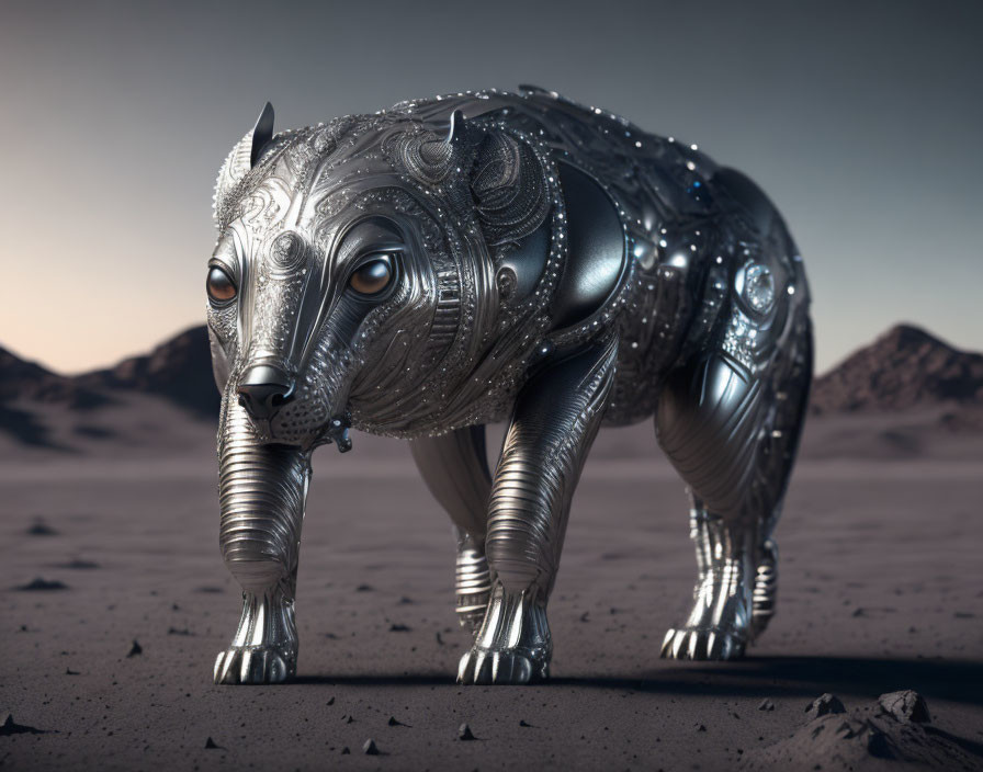 Intricately detailed metallic bear sculpture in desert landscape