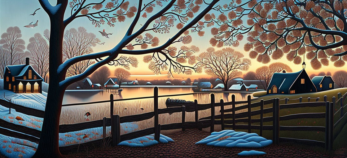 Snow-covered cottages by lake at dusk in serene winter landscape