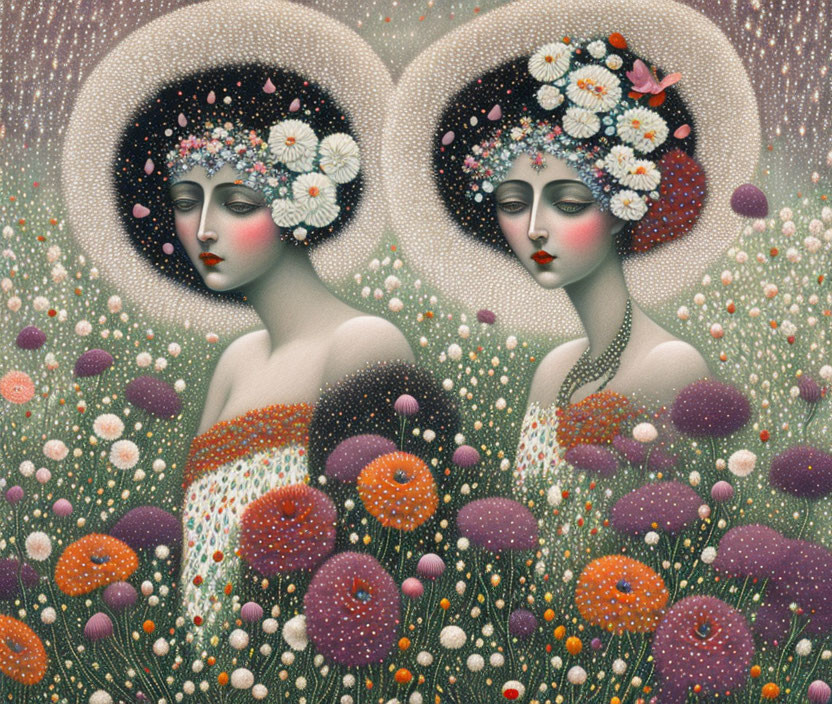 Stylized female figures with floral headdresses in vibrant flower field