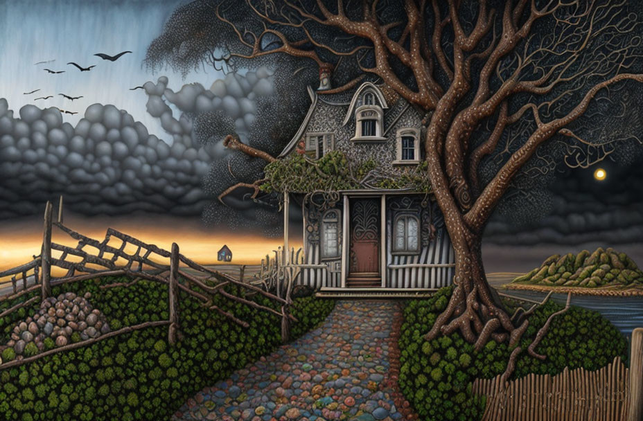 Victorian house with gnarled tree in twilight scene.