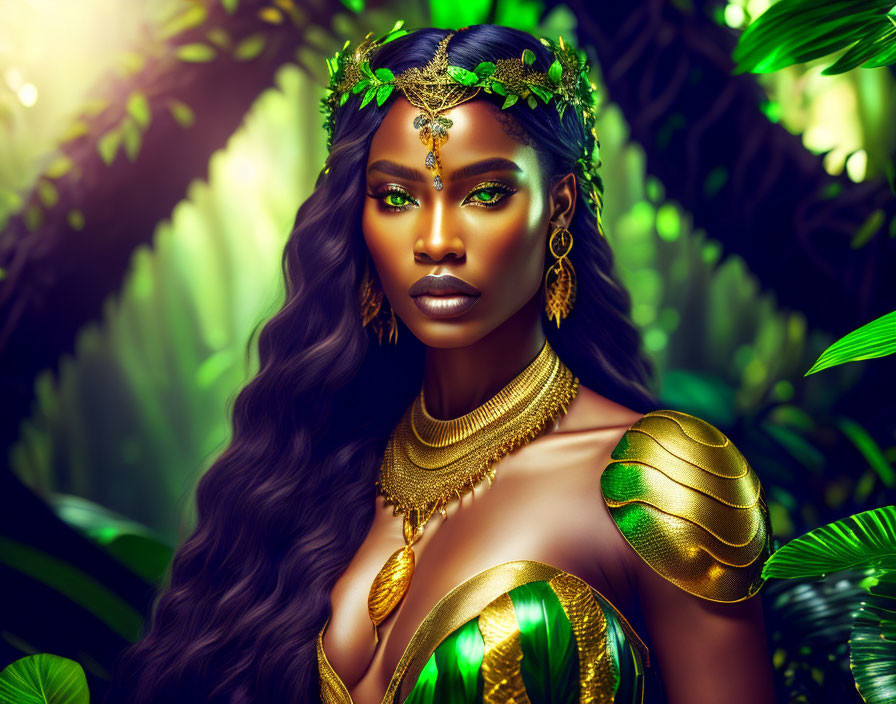 Regal woman with golden jewelry and leaf crown in lush jungle setting