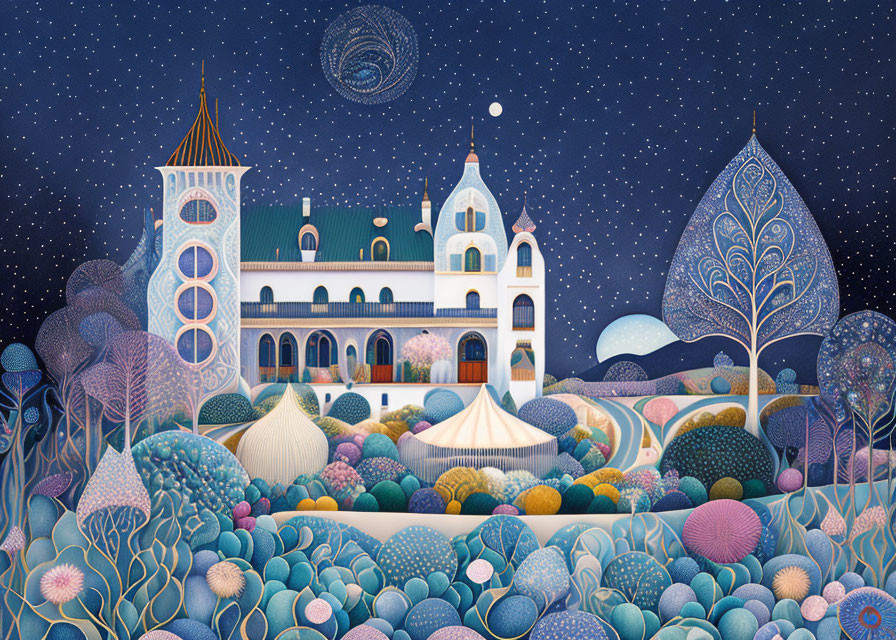 Whimsical fairytale landscape with stylized buildings and trees