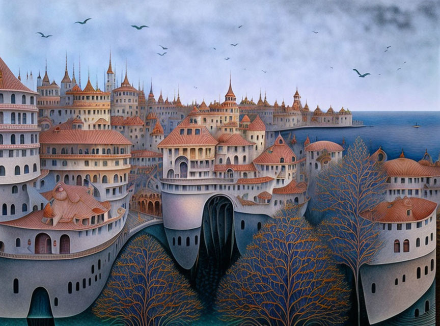 Fantastical seaside town with ornate buildings and arching bridges at twilight