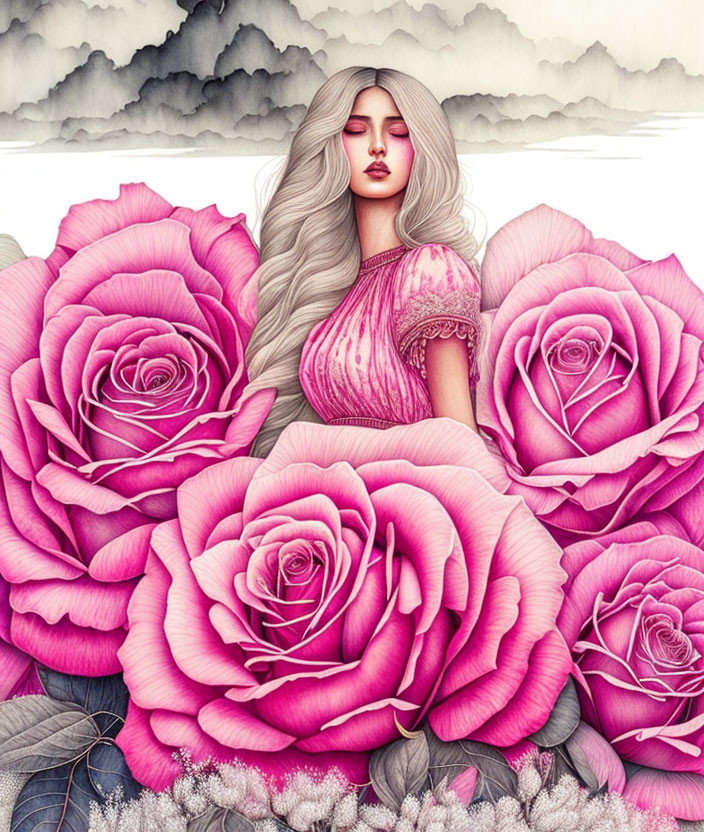 Woman with Long Silver Hair Surrounded by Pink Roses and Misty Mountains