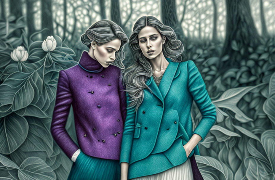 Stylized women in purple and green coats in surreal forest