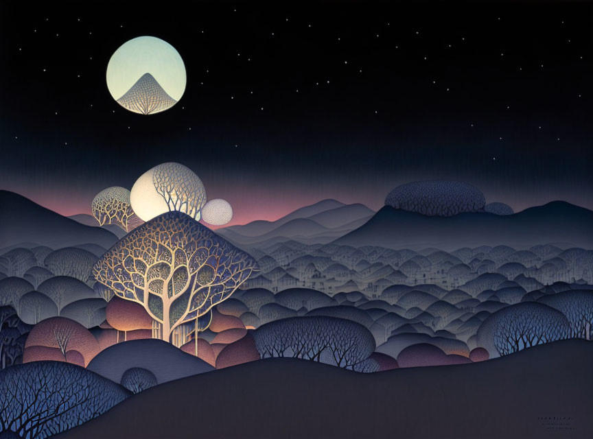 Stylized Nocturnal Landscape with Layered Hills and Celestial Bodies