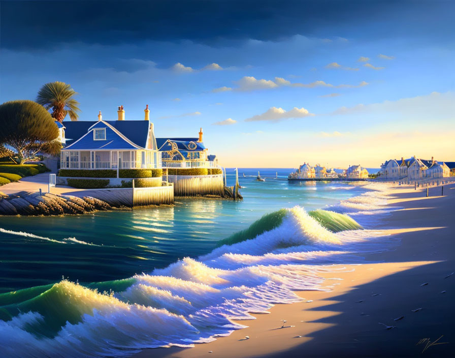 Tranquil beach scene with house, ocean waves, lighthouse, and boats