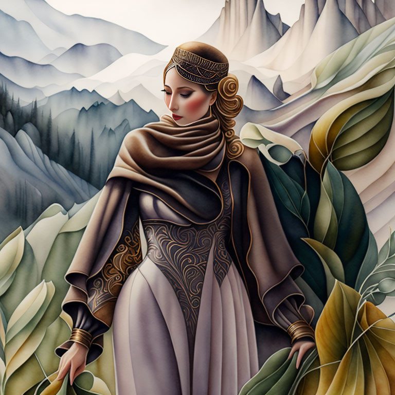 Illustrated woman with elaborate hair and headband in front of stylized mountains