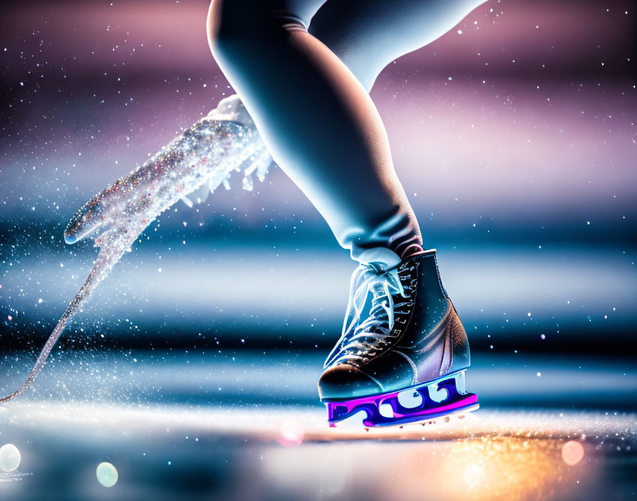 Figure skate with illuminated blades in motion on ice, sparkling trail, cool-toned background