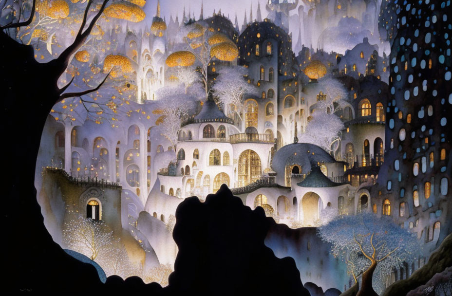 Fantastical tree-covered city at night in mysterious forest