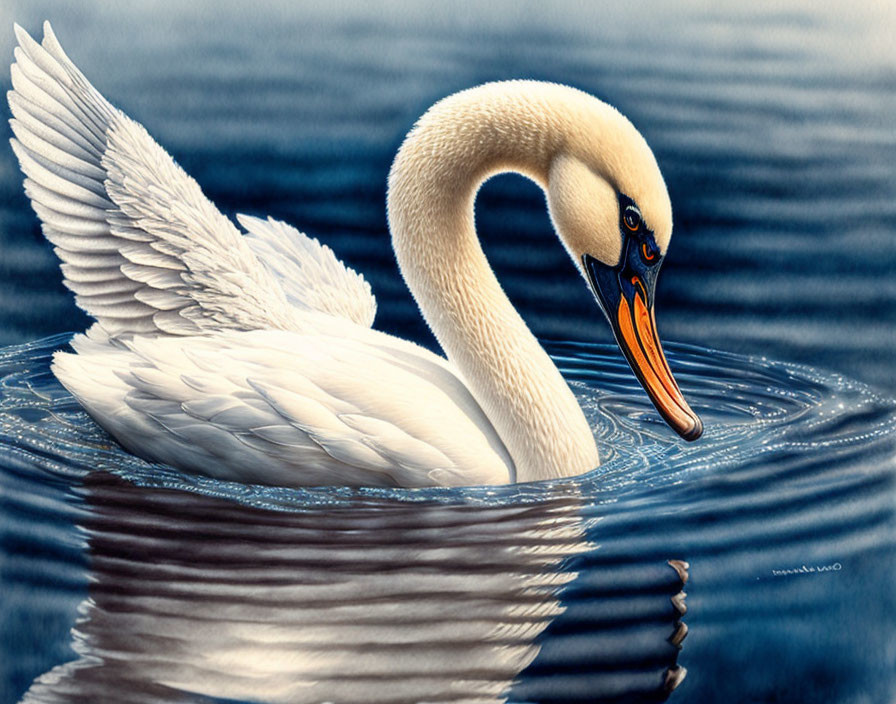 White Swan Gliding on Tranquil Water with Spread Wings