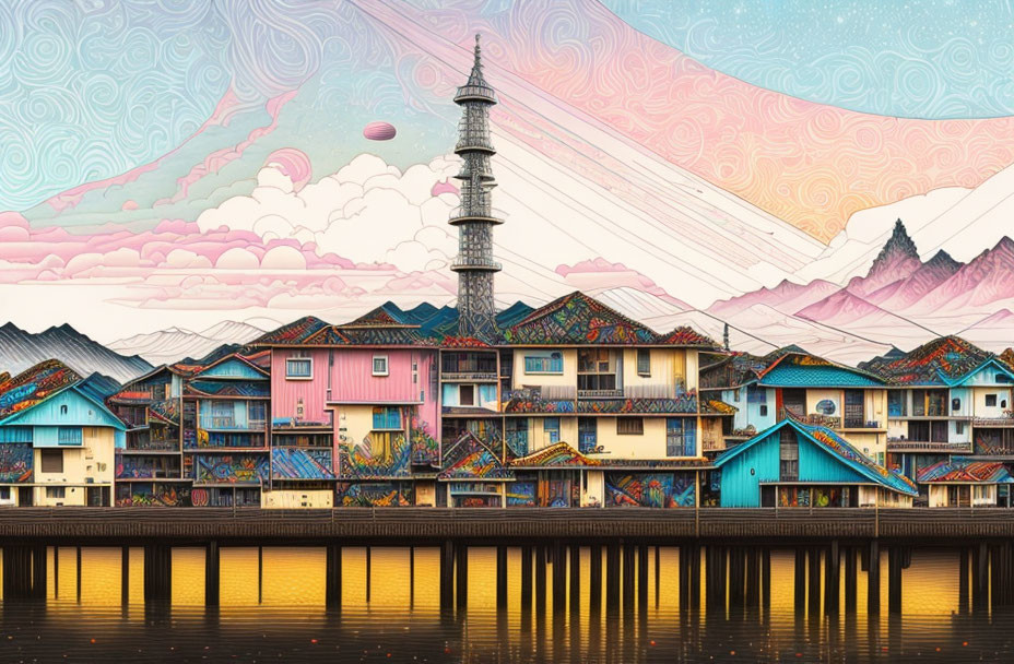 Vibrant waterfront village illustration with ornate buildings and swirling sky patterns
