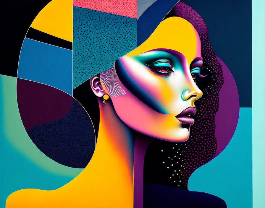 Vibrant abstract portrait of a woman with geometric patterns