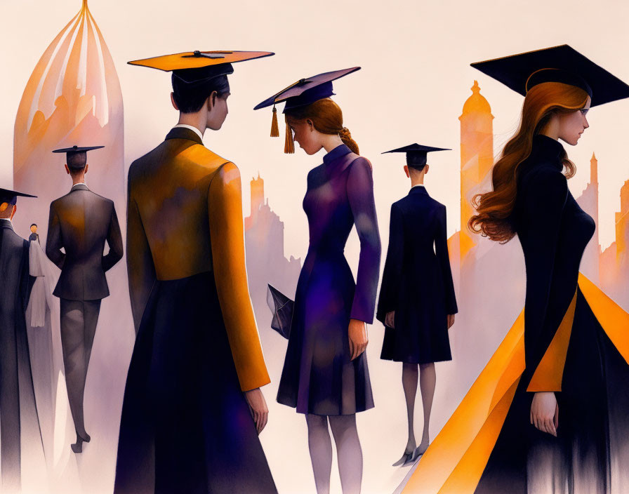 Graduates in Caps and Gowns with Cityscape Background