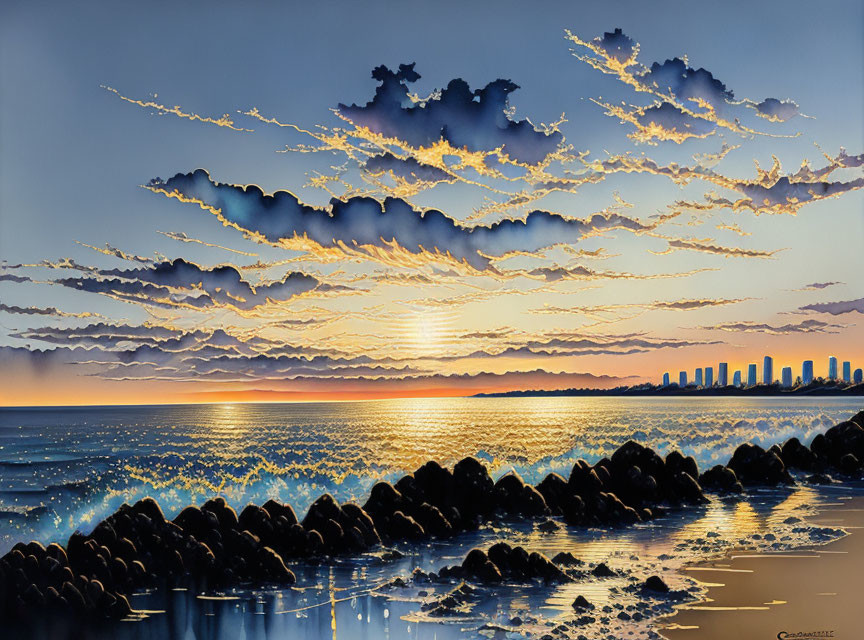 Tranquil ocean sunset with city skyline and rocky shore