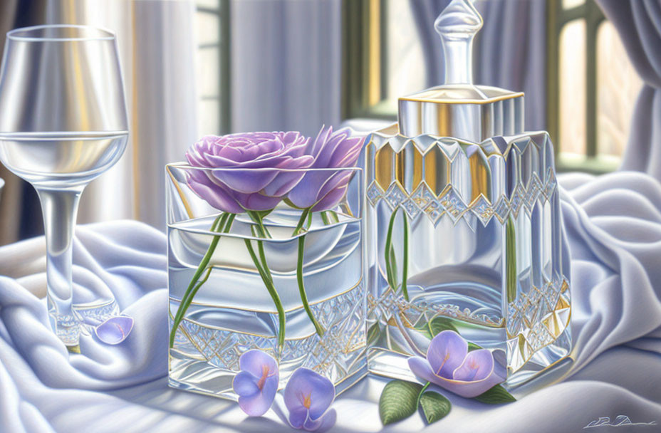 Elegant still life with crystal glass, decanter, purple rose, and soft drapery.