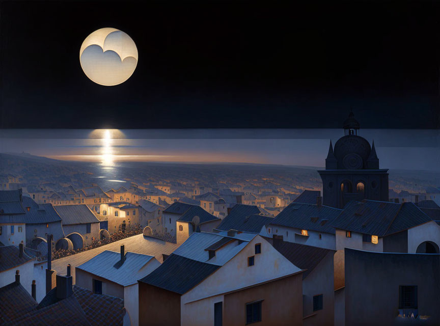 Full Moon Reflecting on Calm Sea in Coastal Town