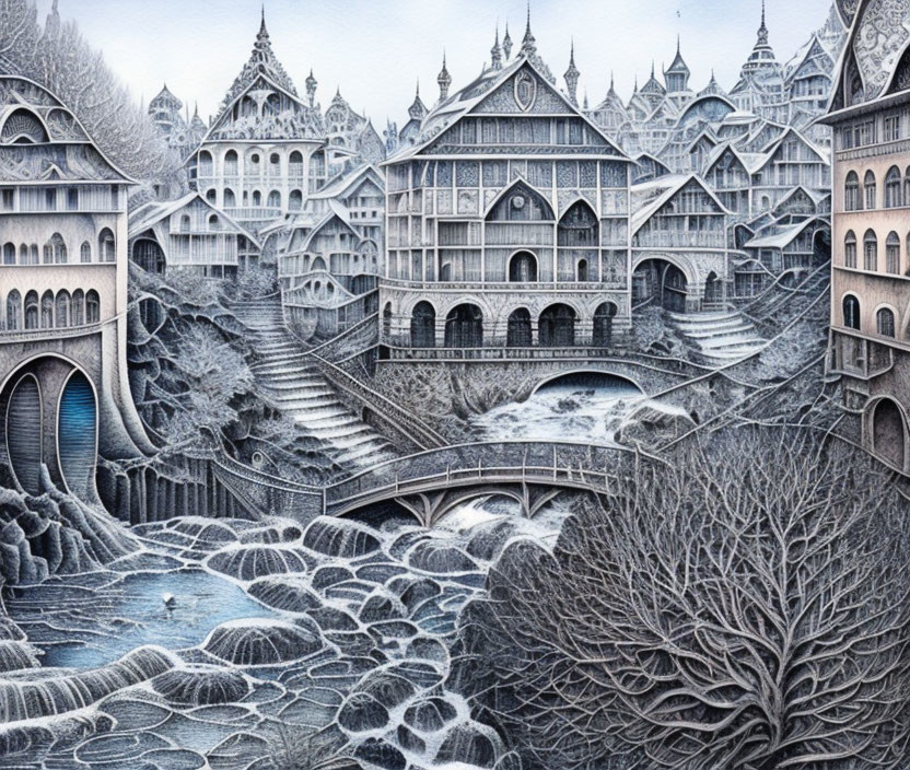 Detailed illustration of fantastical snowy cityscape with elaborate icy buildings, bridges, and river.