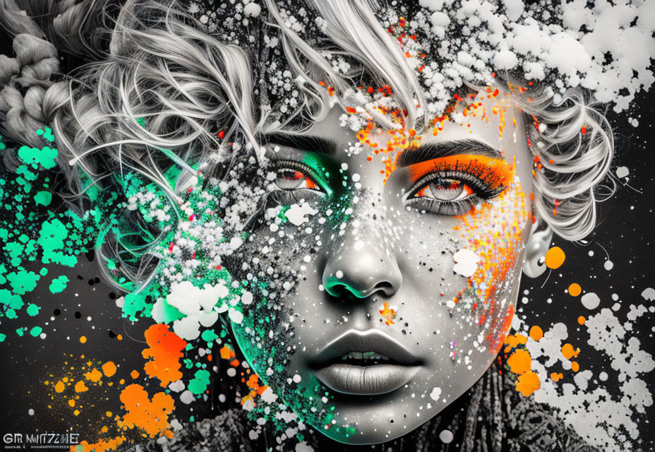 Monochromatic portrait of woman with orange eye makeup and colorful paint splashes