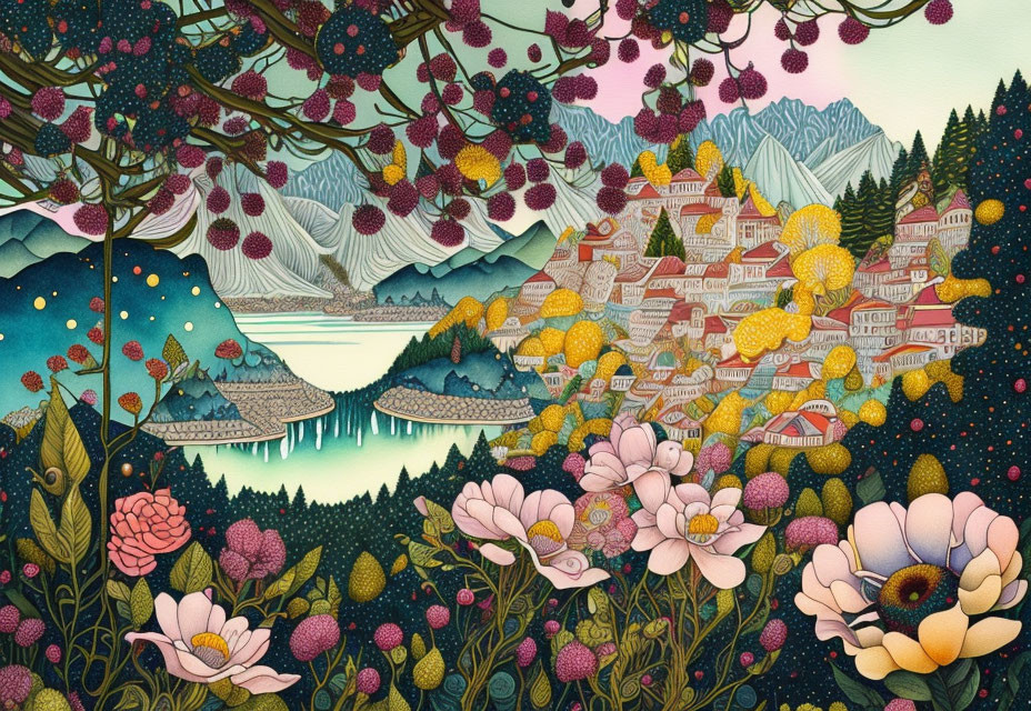 Scenic lakeside village with mountains, flowers, and trees