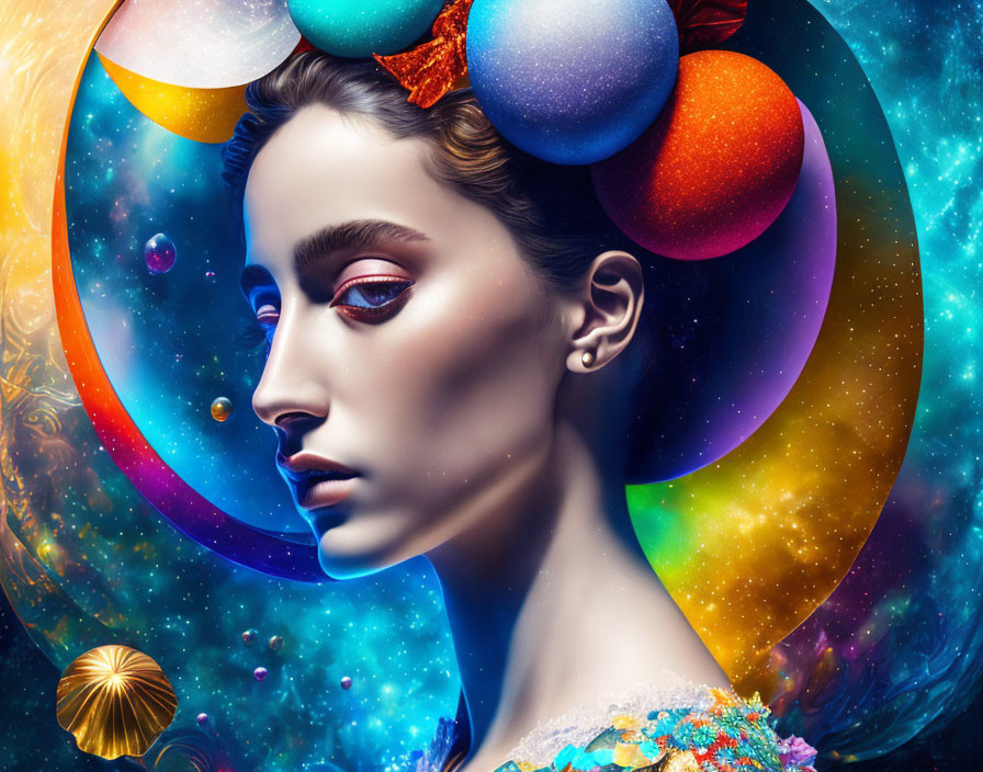 Cosmic-themed surreal portrait of a woman with vibrant makeup and planetary orbs.