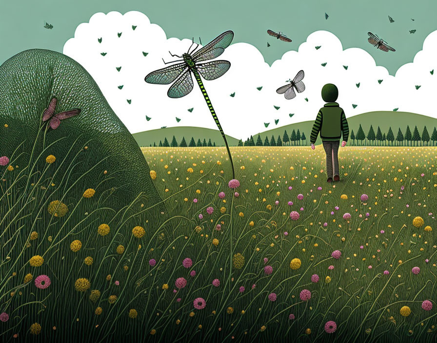 Person in Striped Sweater with Dragonfly on Leash in Whimsical Field