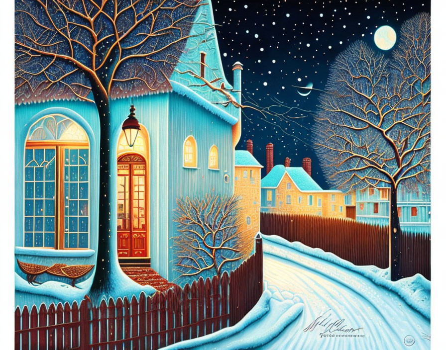 Blue house, snowy trees, starry sky: Winter night scene