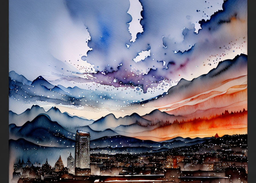 City skyline watercolor painting at dusk with mountains, vibrant sky, and splattered effect