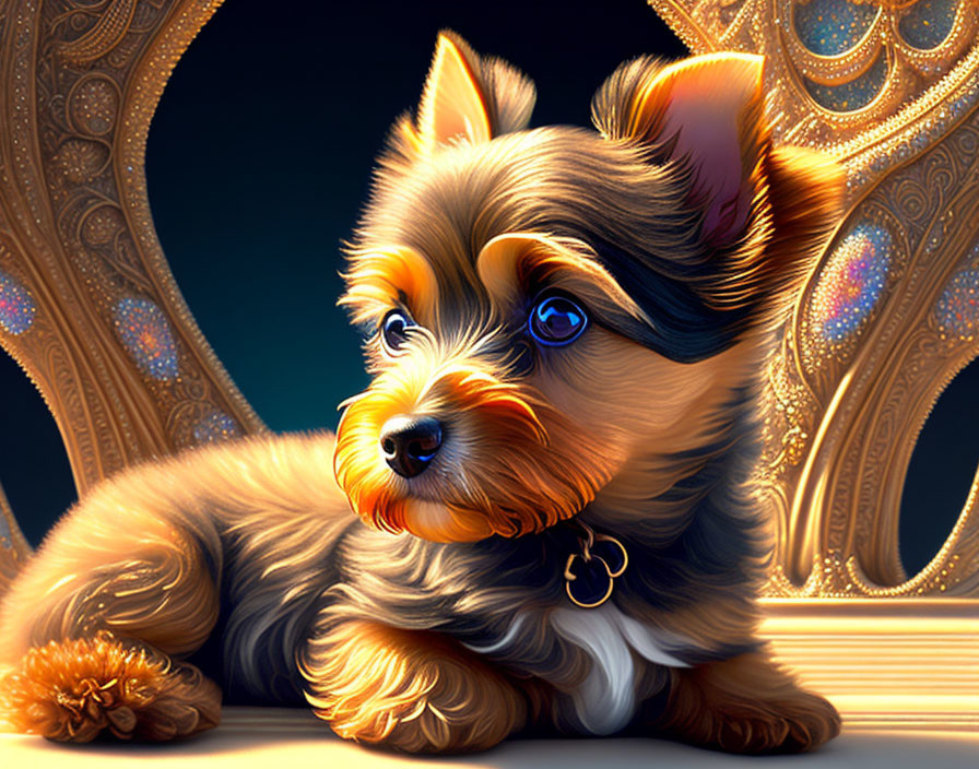 Digital illustration: Glossy Yorkshire Terrier with blue eyes by ornate archway