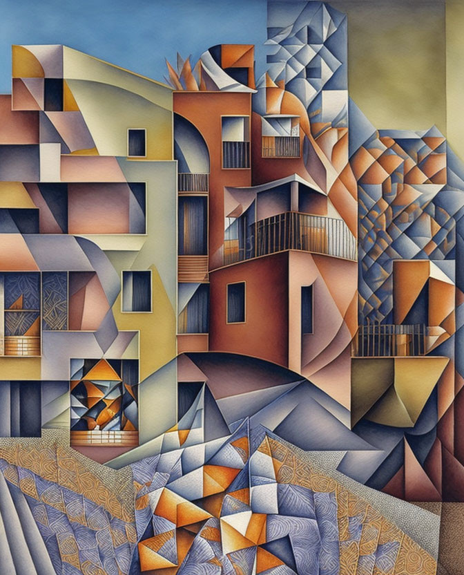 Colorful Geometric Abstract Painting of Cubist Architectural Landscape