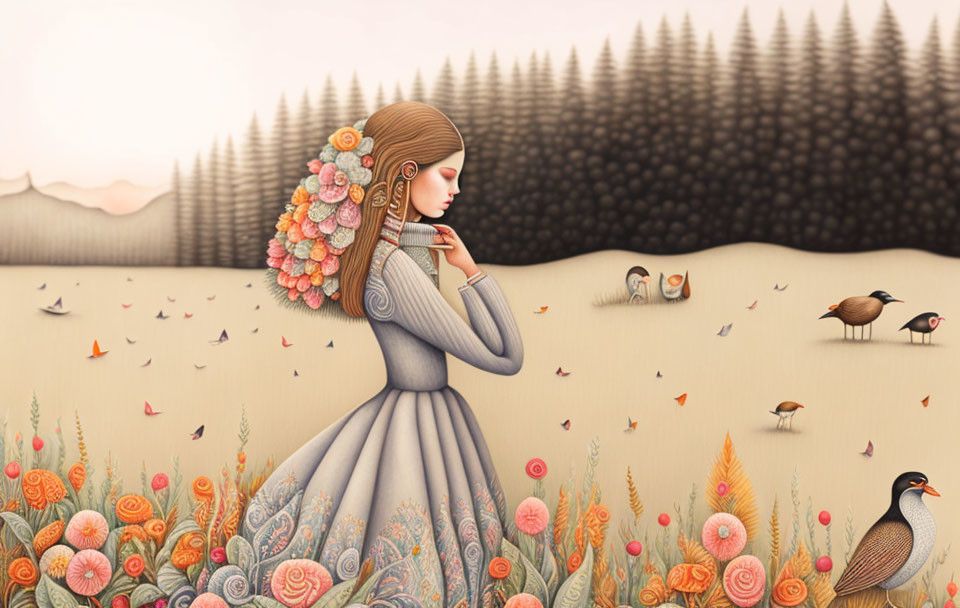 Surreal illustration of woman with flower bouquet hair in whimsical landscape