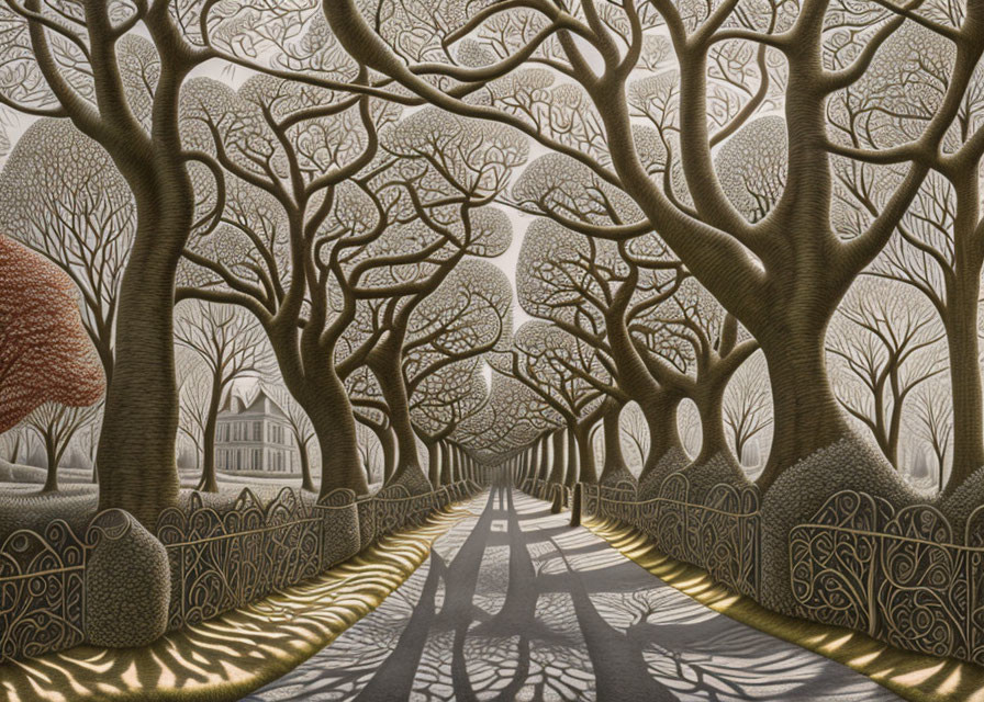 Intricate forest path artwork with patterned trees and dappled sky