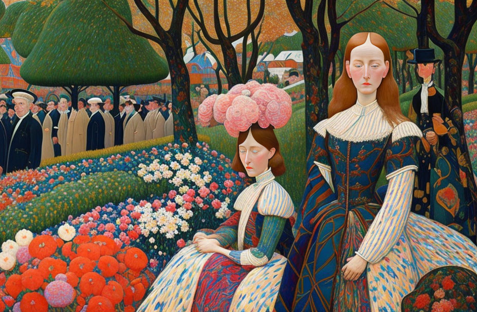 Stylized women in vintage attire among vibrant flowers and autumn trees