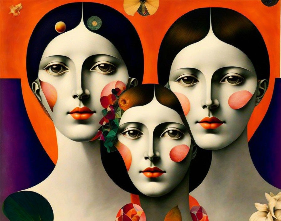 Stylized female faces with cheek blushes on orange backdrop.