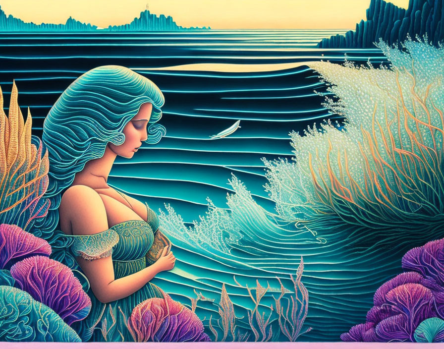 Blue-haired woman blending into vibrant ocean landscape with coral.